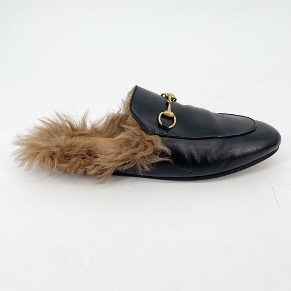 Gucci Black Leather Princetown Fur Wool Lined Horsebit Mule Slipper EU 39.5 - Picture 4 of 12